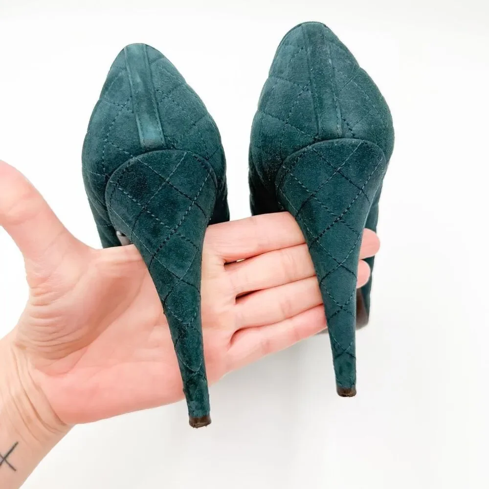 Chanel Teal Quilted Suede Cap Toe Pumps CC Logo Stiletto Heels EU 38